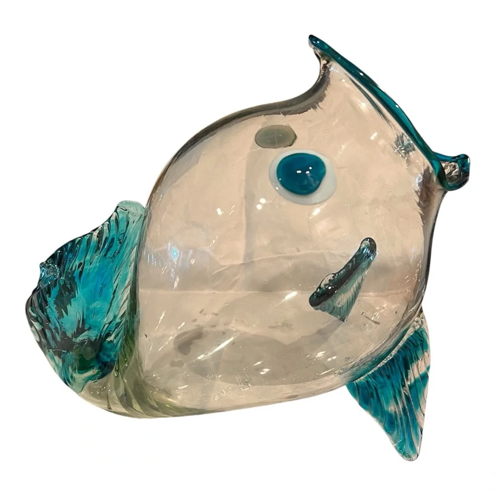 Vintage Blenko Style Fish Vase Retro 1960s MCM Clear, Blue And Teal.